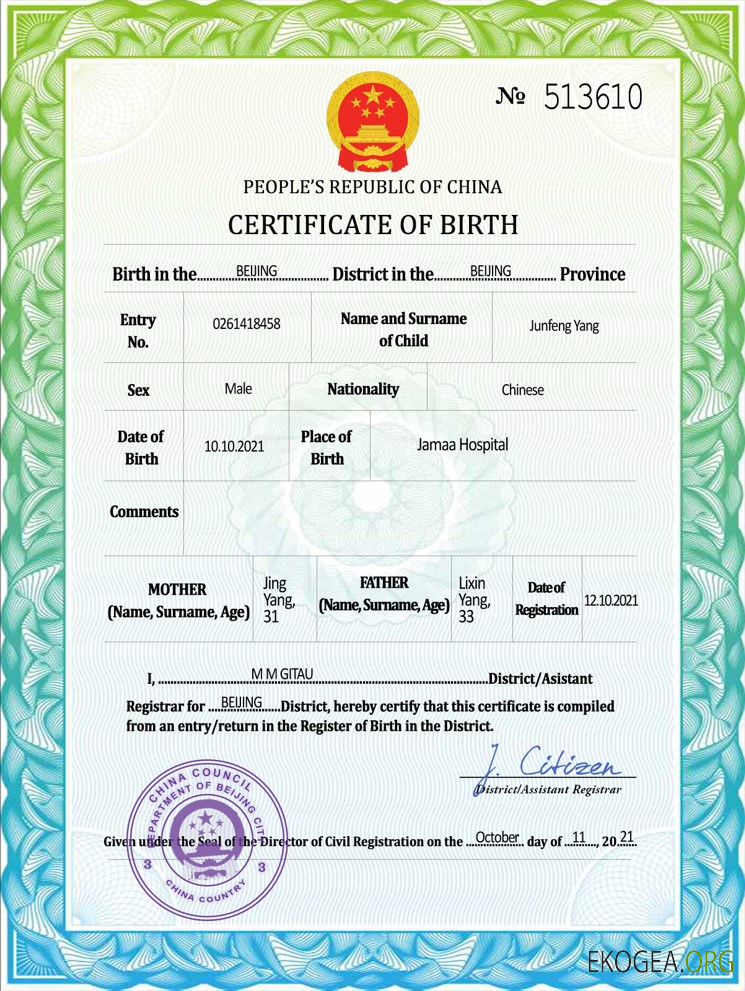 Modèle PSD de certificat de naissance de l'état civil de la Chine